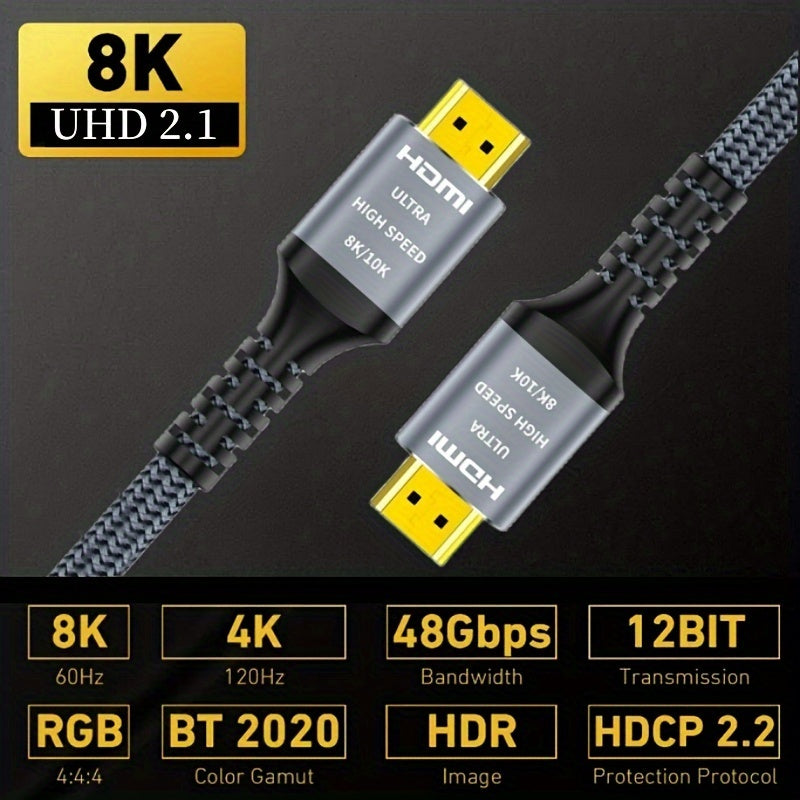 48Gbps 8K HDMI Cable 2.1 - High-Speed Hdmi Braided Cord for 4K@120Hz 8K@60Hz, DTS:X, HDR 10, HDCP 2.2 & 2.3 Compatible - Roku TV, PS5, PS4, HDTV, RTX 3080, RTX 3090, Blu-ray Ready with Cat 8 Ethernet Cable and Uncharged Power