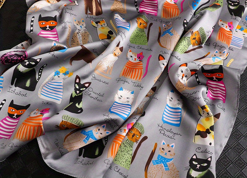 Cartoon Cat Pattern Polyester Square Scarf for Women, Cute Style, Decorative & Windproof, Breathable, Non-Elastic, with Hand Wash/Dry Clean for Parties