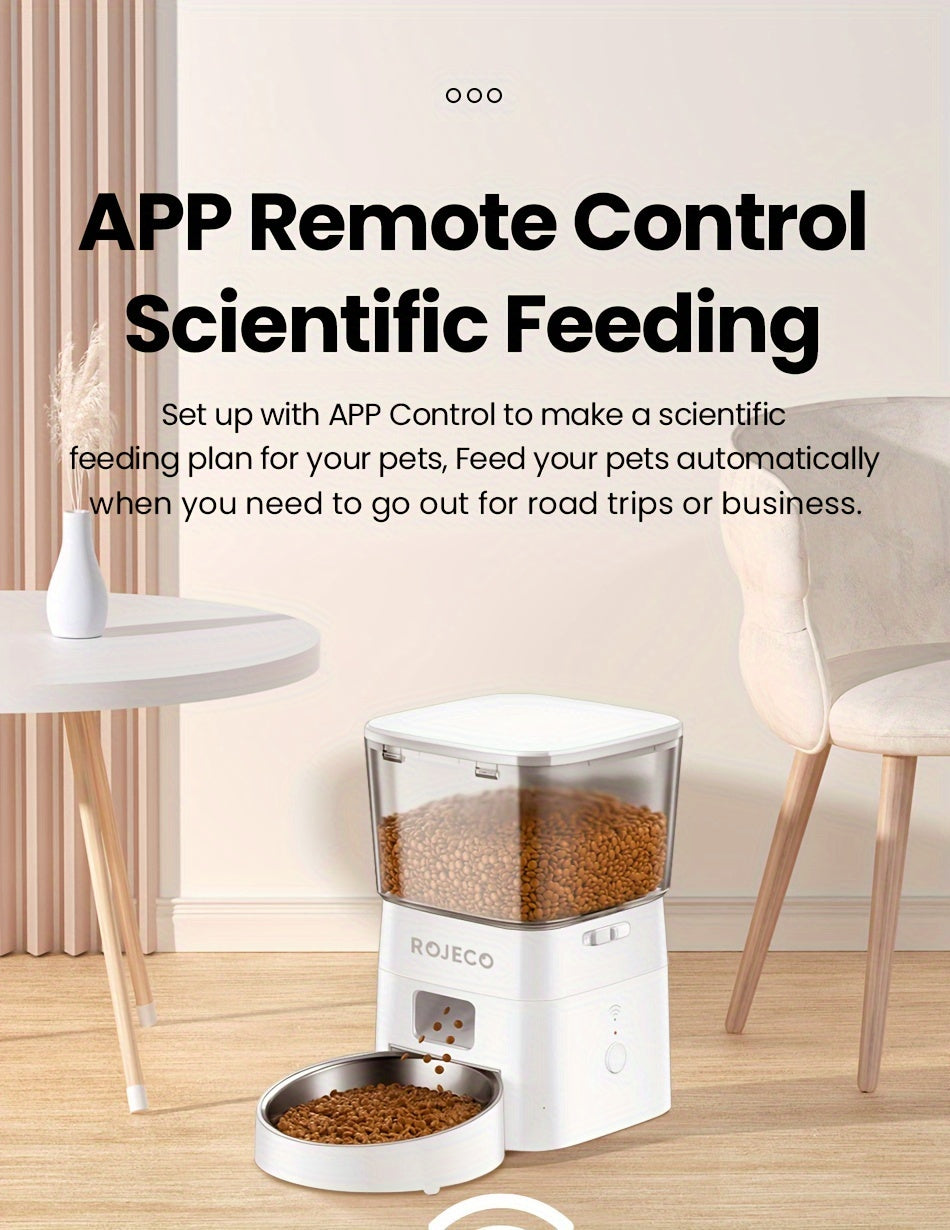 ROJECO Automatic Cat Feeder, 2L/68oz WiFi Automatic Cat Food Dispenser With App Control, Timed Cat Feeder With Stainless Steel Bowl & Dual Power Supply, 1-6 Meals, No Adapter Included