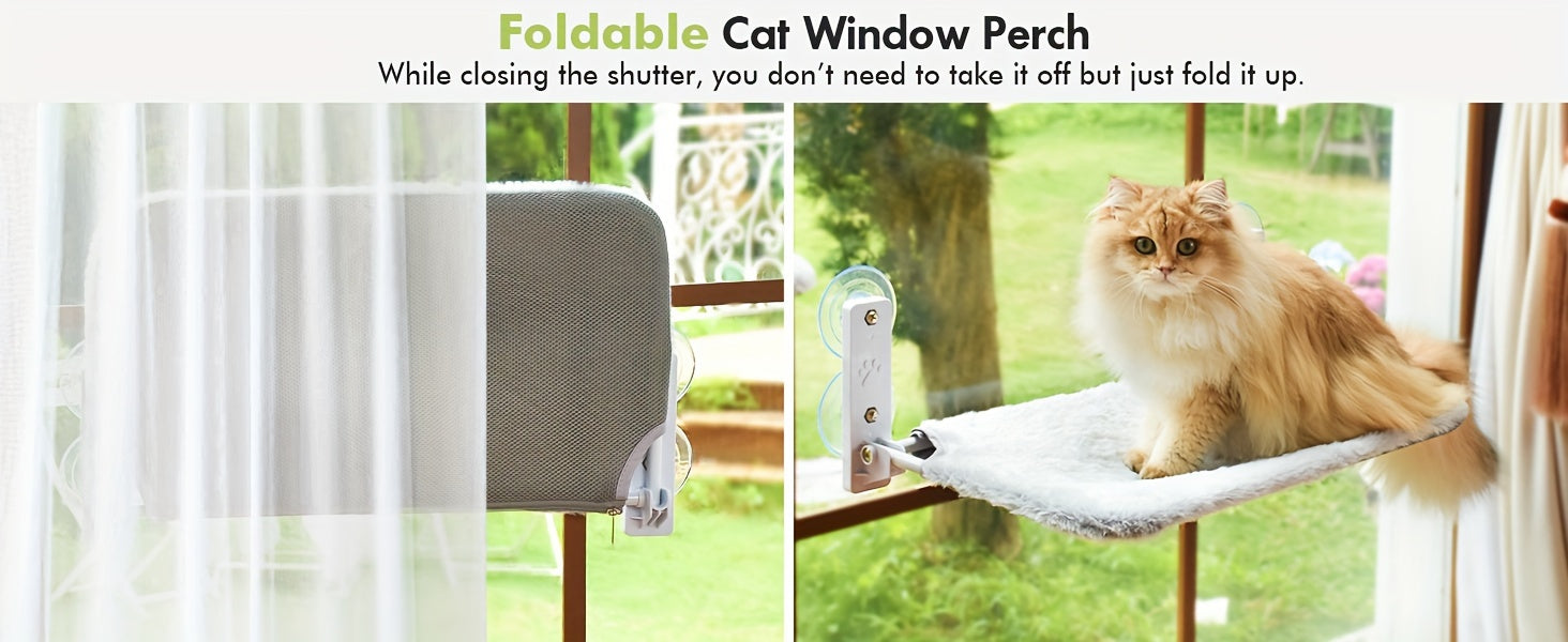 [Gray Cat Window Perch] Foldable Gray Cat Window Perch Hammock with Iron Frame and Strong Suction Cups, Indoor Cat Bed Seat