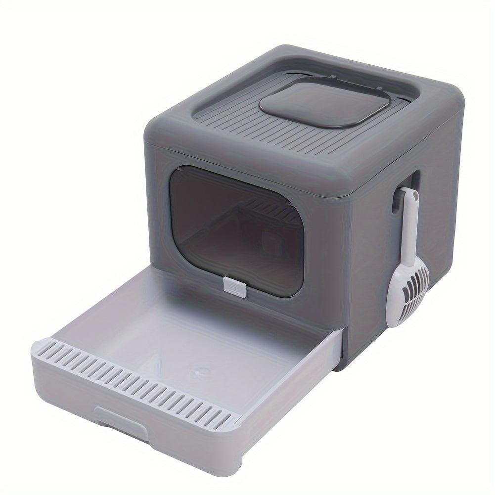 Cat Litter Tray Box: Foldable Top Entry Large Cats Toilet With Lid - Hooded Kitten Litter Tray Easy Cleaning Drawer Design With Scoop Grey
