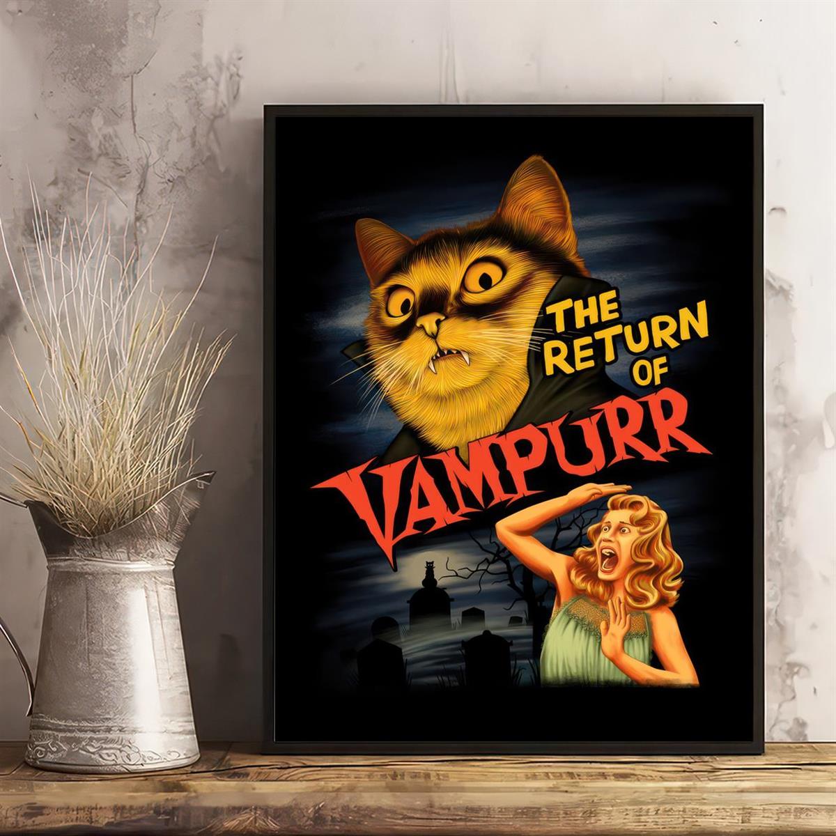1pc "The Return of Vampurr" Canvas Poster - Vintage Horror-Comedy Cat Lover Wall Art, Frameless, Pine Wood Canvas, Vertical Orientation for Living Room & Bedroom Decor