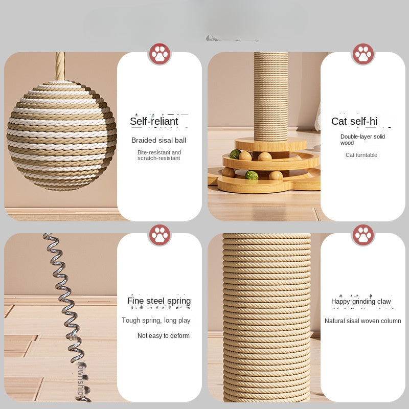 1pc Premium Solid Wood Cat Scratching Post Turntable - Interactive Teaser Stick & Scratch-resistant Board - Durable Sisal Climbing Stand for Playful Felines