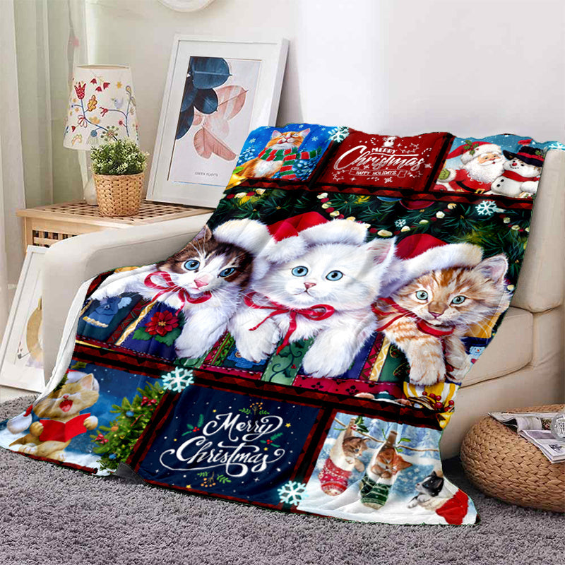 1pc Cozy Christmas Cat Santa Claus Flannel Blanket - Soft, Warm, Lightweight, Digital Printing Fleece Throw for Sofa, Bed, Travel, Camping, Living Room, Office, Couch, Chair - Perfect Gift for Family or Friends with Festive H