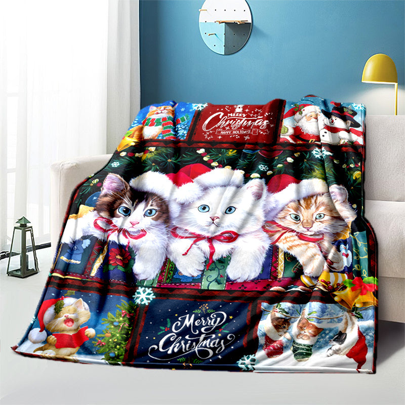1pc Cozy Christmas Cat Santa Claus Flannel Blanket - Soft, Warm, Lightweight, Digital Printing Fleece Throw for Sofa, Bed, Travel, Camping, Living Room, Office, Couch, Chair - Perfect Gift for Family or Friends with Festive H