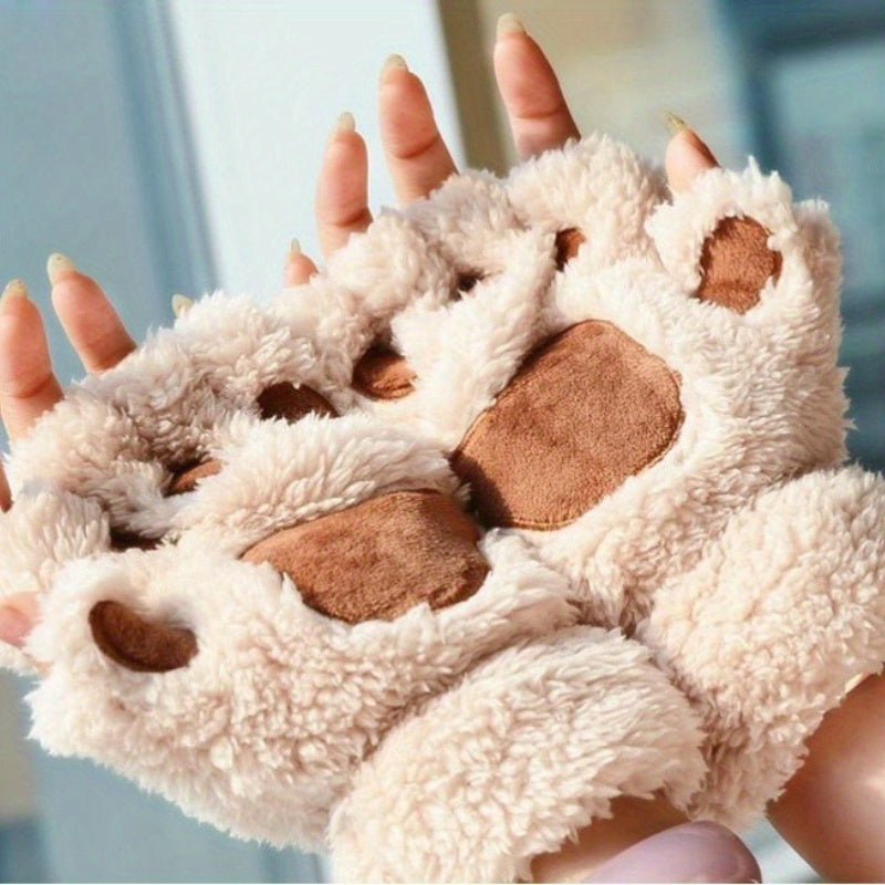 Warm Cute Cat Paw Fingerless Gloves, Winter Gloves
