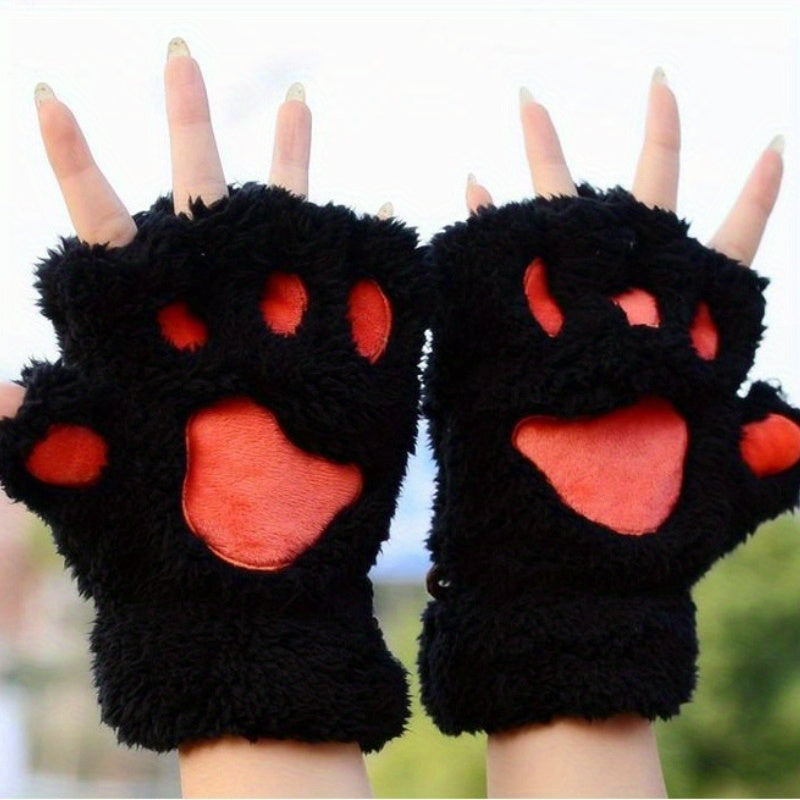 Warm Cute Cat Paw Fingerless Gloves, Winter Gloves