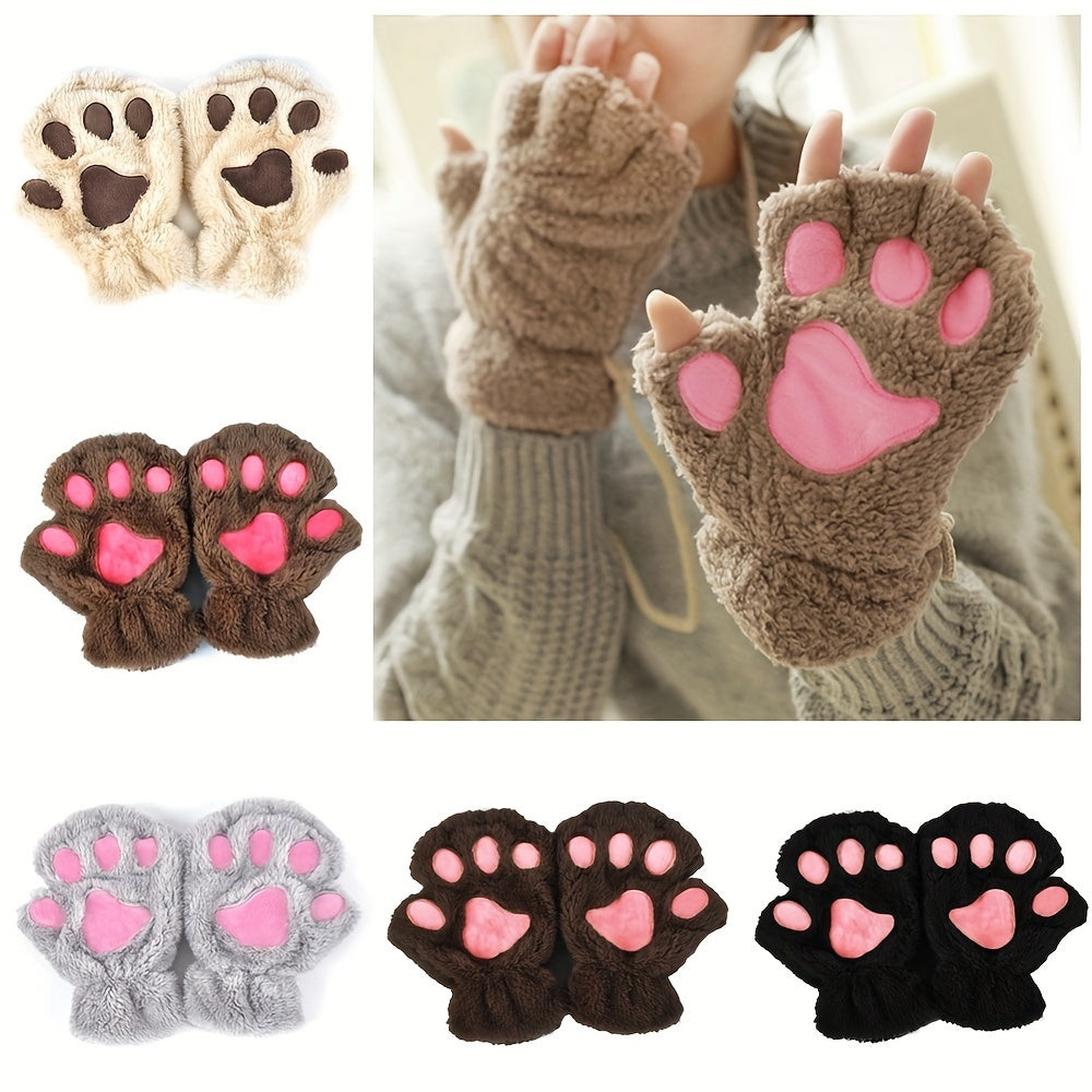 Warm Cute Cat Paw Fingerless Gloves, Winter Gloves