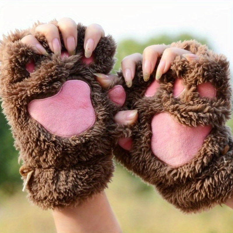 Warm Cute Cat Paw Fingerless Gloves, Winter Gloves