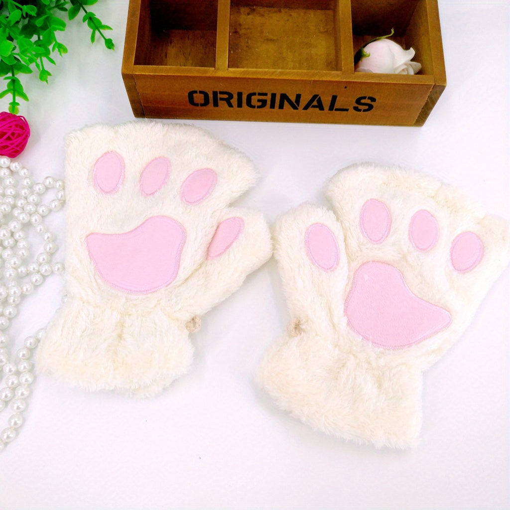 Warm Cute Cat Paw Fingerless Gloves, Winter Gloves