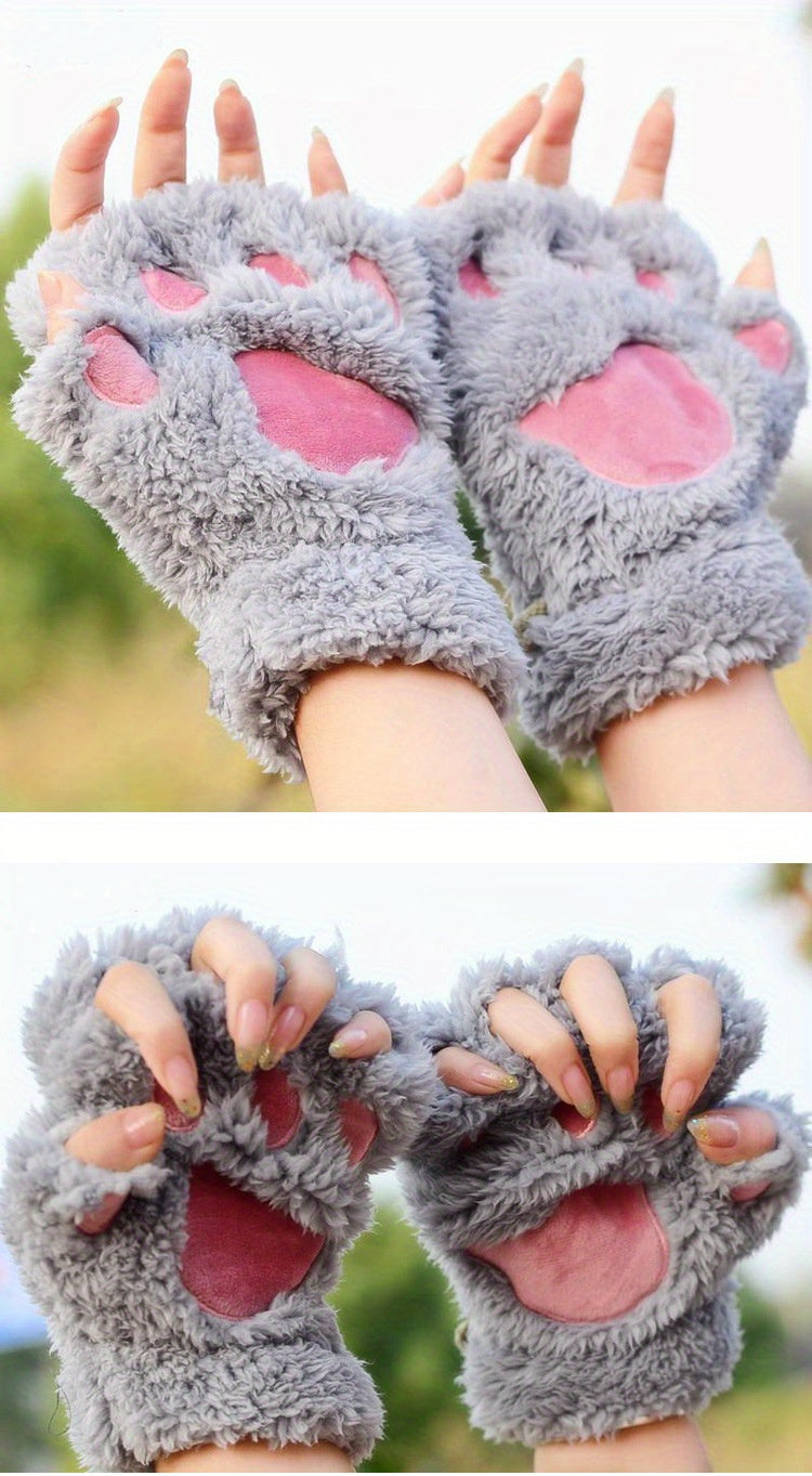 Warm Cute Cat Paw Fingerless Gloves, Winter Gloves