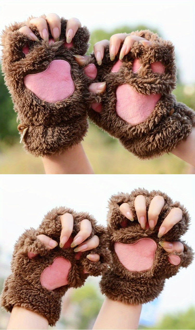 Warm Cute Cat Paw Fingerless Gloves, Winter Gloves