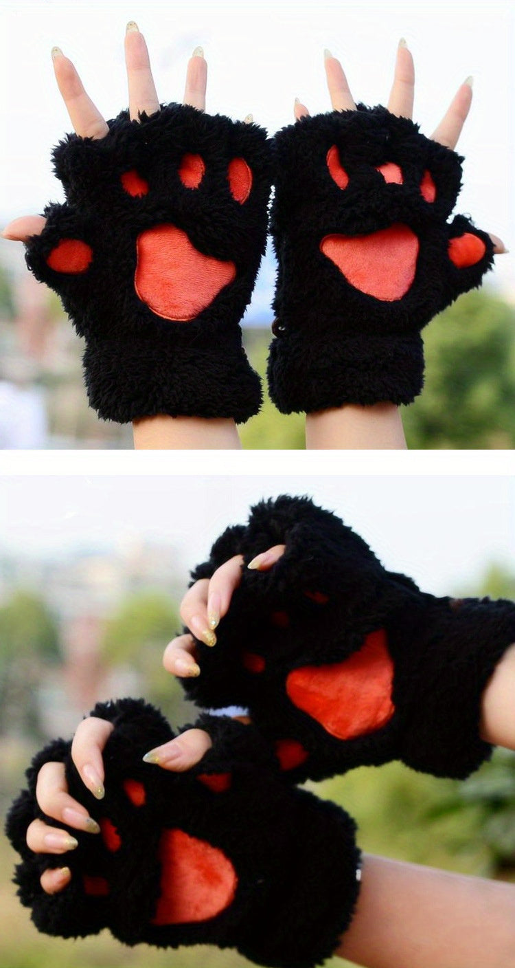 Warm Cute Cat Paw Fingerless Gloves, Winter Gloves