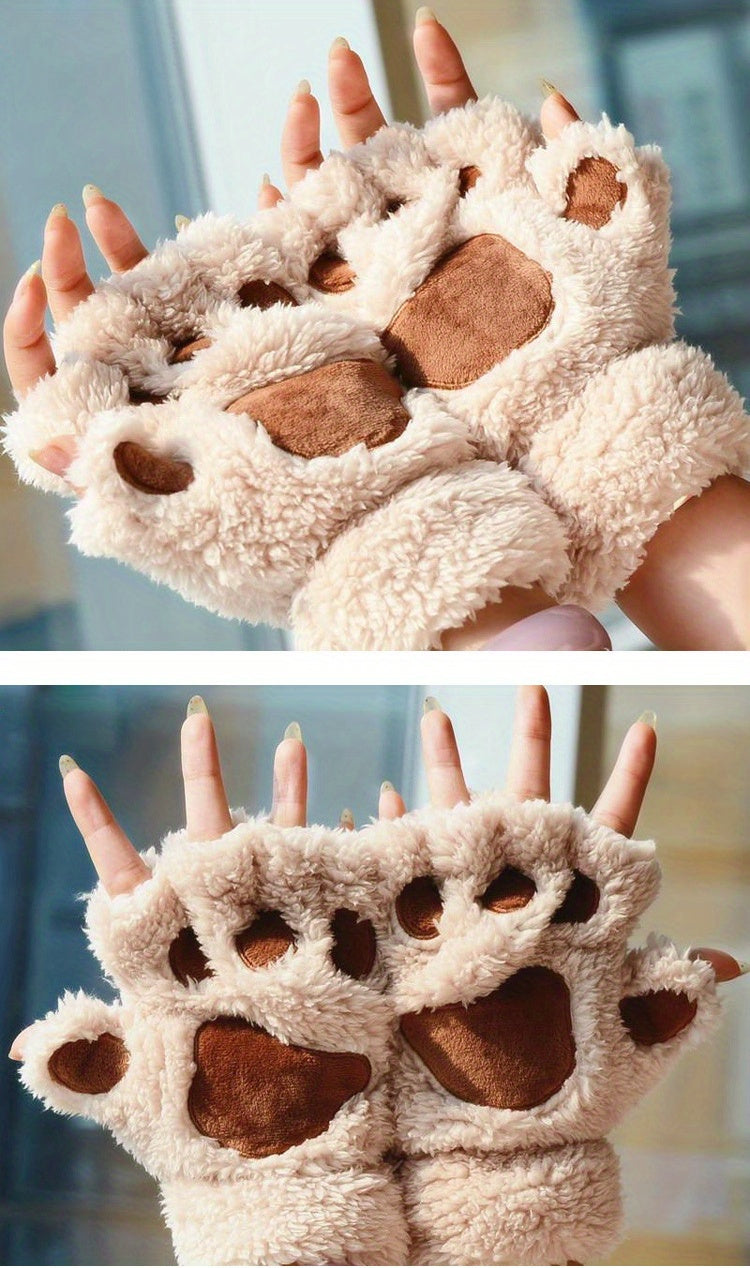 Warm Cute Cat Paw Fingerless Gloves, Winter Gloves