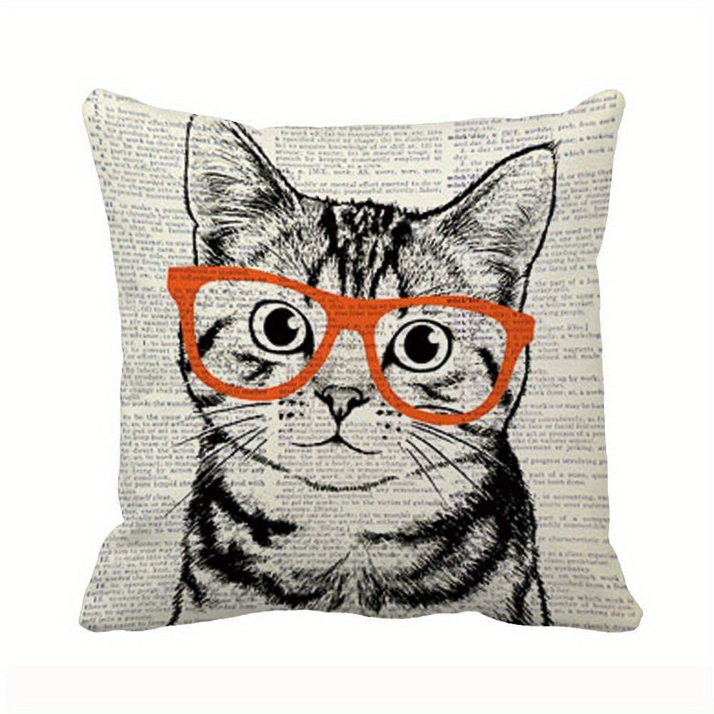 1pc Cute Cat Art With Glasses Throw Pillow Case, Soft Cotton Canvas Home Decorative Cushion Cover For Sofa And Bed One Side Print 18x18inch