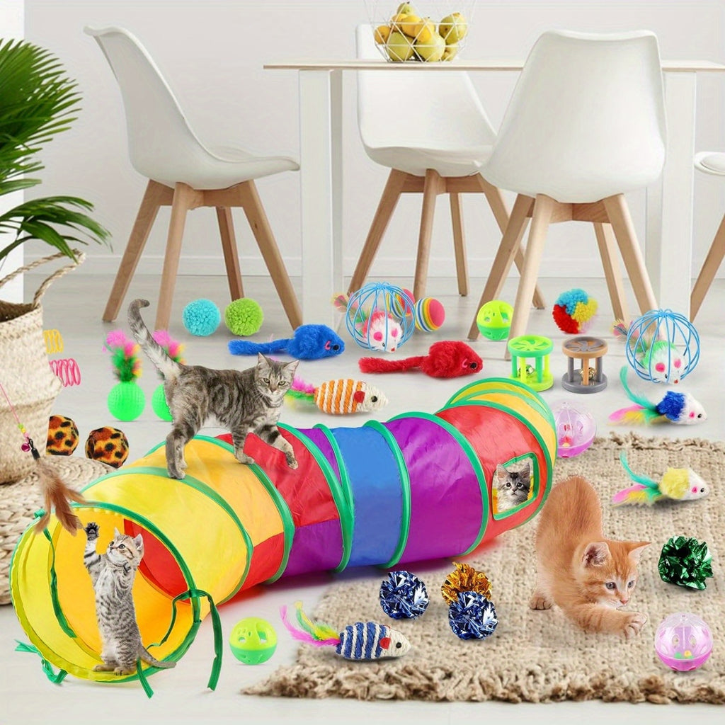 32pcs Cat Toys Set Kitten Toys Assortments Including 2 Way Rainbow Tunnel Cat Feather Teaser Wand Sisal Mice Bell Balls Crinkle Balls Interactive Cat Toys for Indoor Cats Kitten
