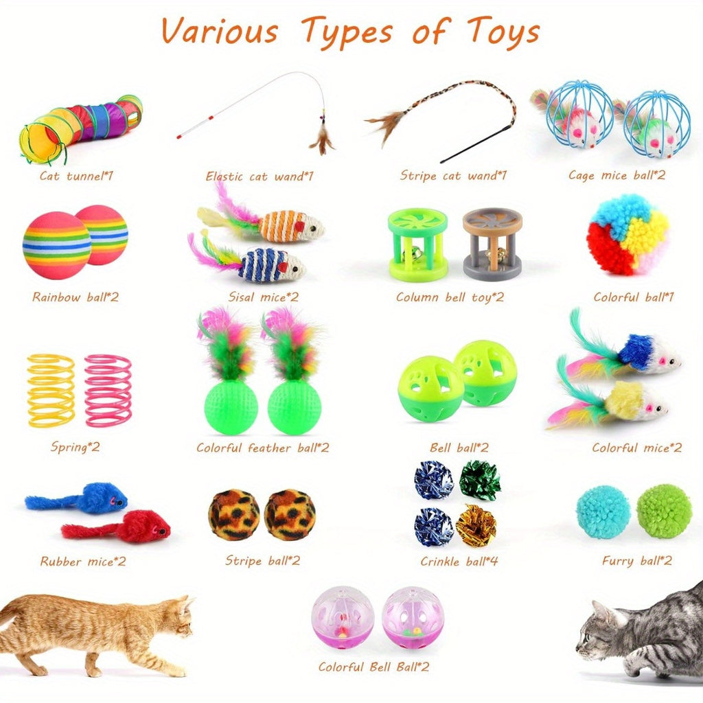 32pcs Cat Toys Set Kitten Toys Assortments Including 2 Way Rainbow Tunnel Cat Feather Teaser Wand Sisal Mice Bell Balls Crinkle Balls Interactive Cat Toys for Indoor Cats Kitten