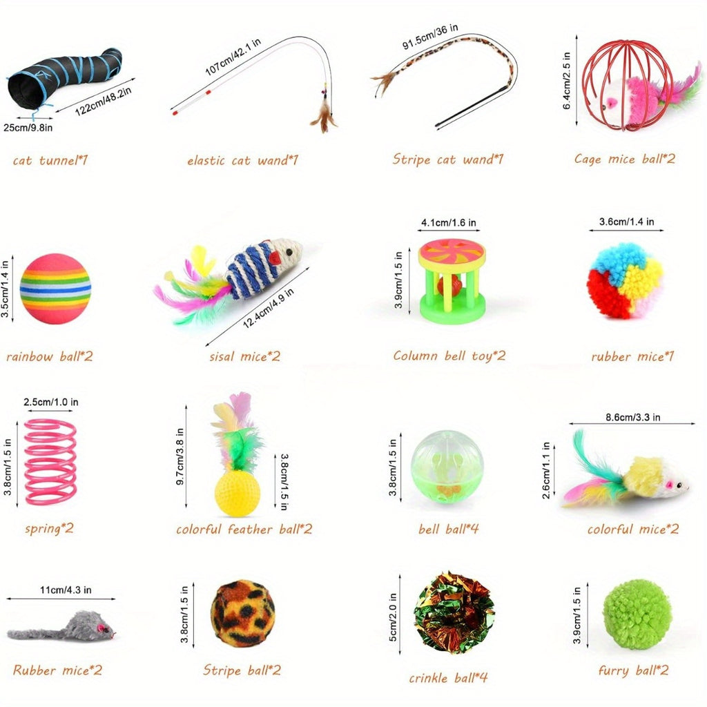 32pcs Cat Toys Set Kitten Toys Assortments Including 2 Way Rainbow Tunnel Cat Feather Teaser Wand Sisal Mice Bell Balls Crinkle Balls Interactive Cat Toys for Indoor Cats Kitten