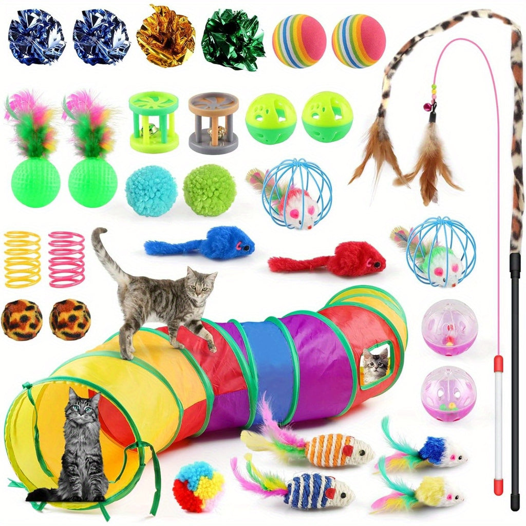 32pcs Cat Toys Set Kitten Toys Assortments Including 2 Way Rainbow Tunnel Cat Feather Teaser Wand Sisal Mice Bell Balls Crinkle Balls Interactive Cat Toys for Indoor Cats Kitten
