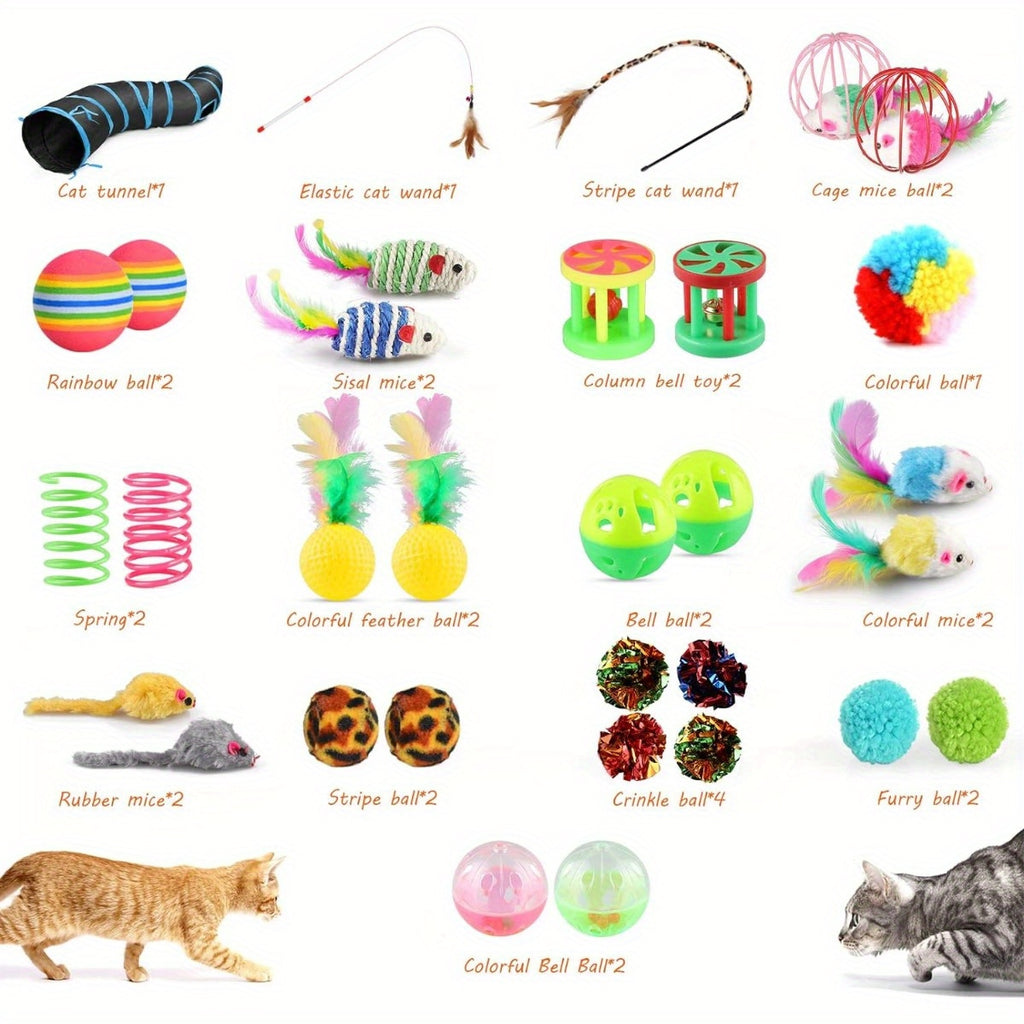 32pcs Cat Toys Set Kitten Toys Assortments Including 2 Way Rainbow Tunnel Cat Feather Teaser Wand Sisal Mice Bell Balls Crinkle Balls Interactive Cat Toys for Indoor Cats Kitten