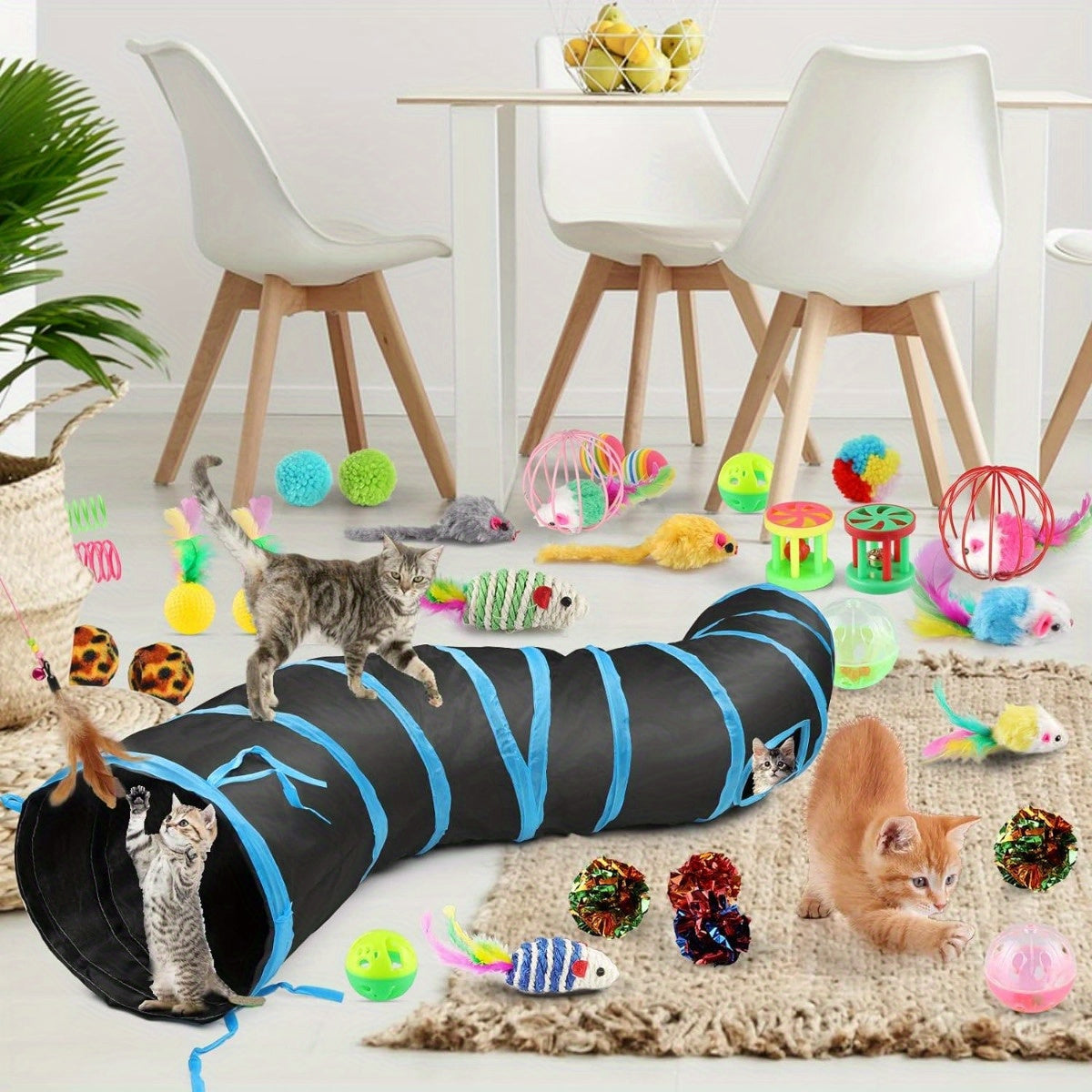 32pcs Cat Toys Set Kitten Toys Assortments Including 2 Way Rainbow Tunnel Cat Feather Teaser Wand Sisal Mice Bell Balls Crinkle Balls Interactive Cat Toys for Indoor Cats Kitten