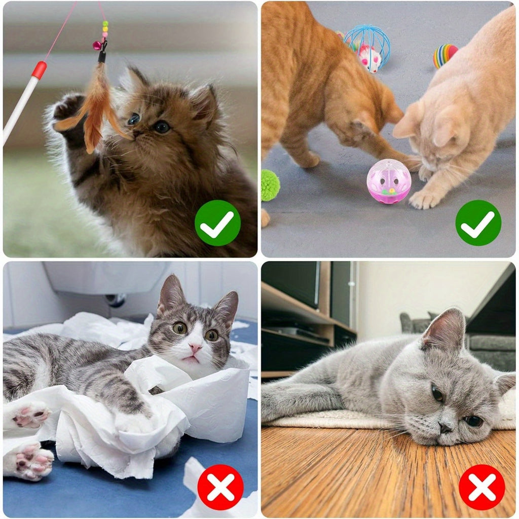 32pcs Cat Toys Set Kitten Toys Assortments Including 2 Way Rainbow Tunnel Cat Feather Teaser Wand Sisal Mice Bell Balls Crinkle Balls Interactive Cat Toys for Indoor Cats Kitten