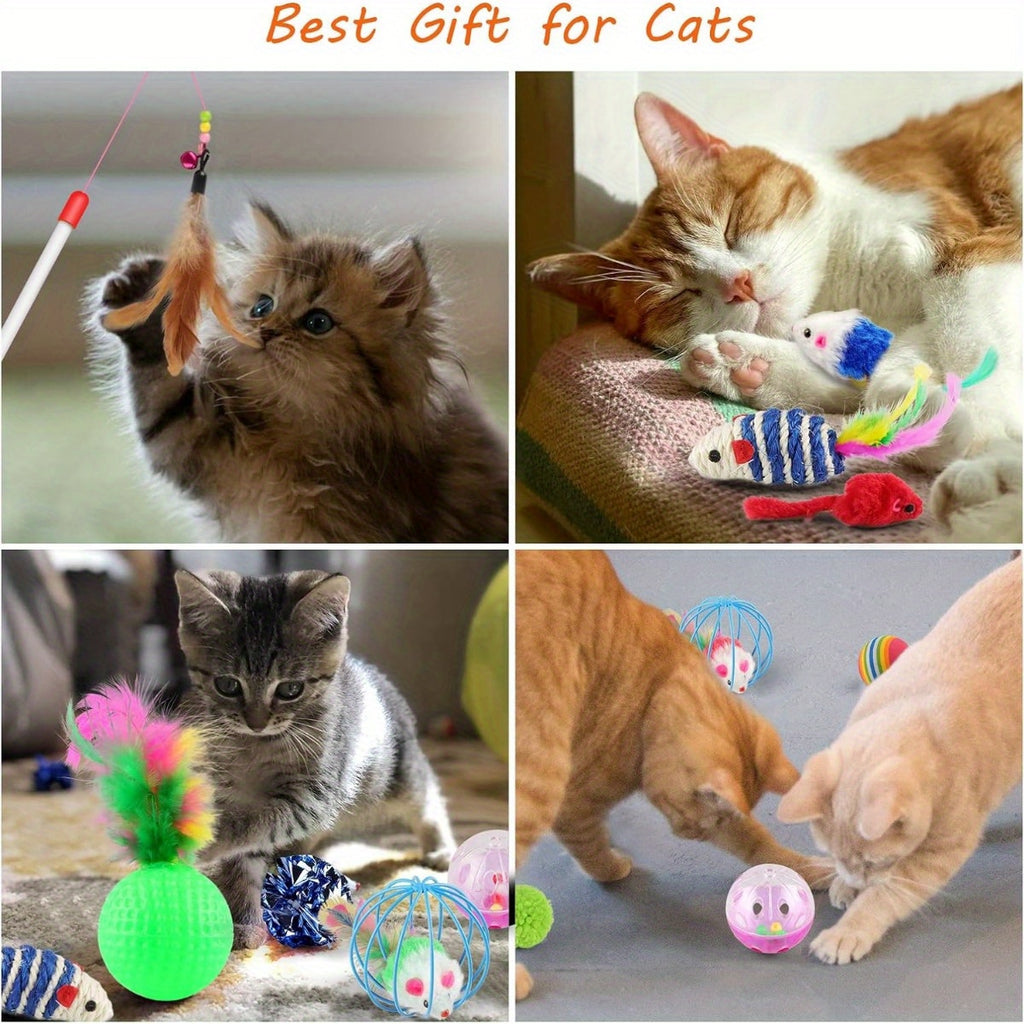 32pcs Cat Toys Set Kitten Toys Assortments Including 2 Way Rainbow Tunnel Cat Feather Teaser Wand Sisal Mice Bell Balls Crinkle Balls Interactive Cat Toys for Indoor Cats Kitten
