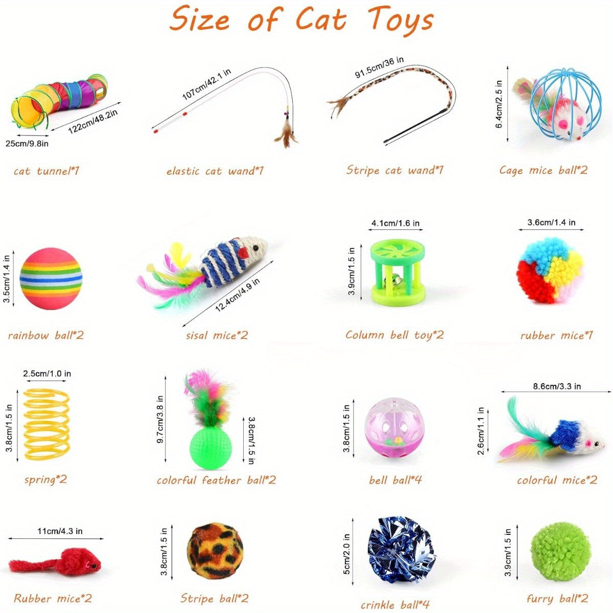 32pcs Cat Toys Set Kitten Toys Assortments Including 2 Way Rainbow Tunnel Cat Feather Teaser Wand Sisal Mice Bell Balls Crinkle Balls Interactive Cat Toys for Indoor Cats Kitten