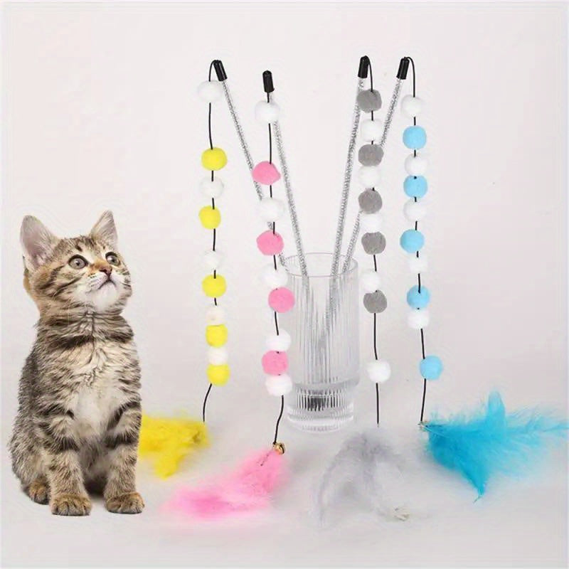Furry Frenzy Pompom Cat Toy - Interactive Feather Teaser, Durable Plush Ball, Kitten Exercise Companion, Teasing Stick, Fun Pet Supplies for Active Cats and Kittens