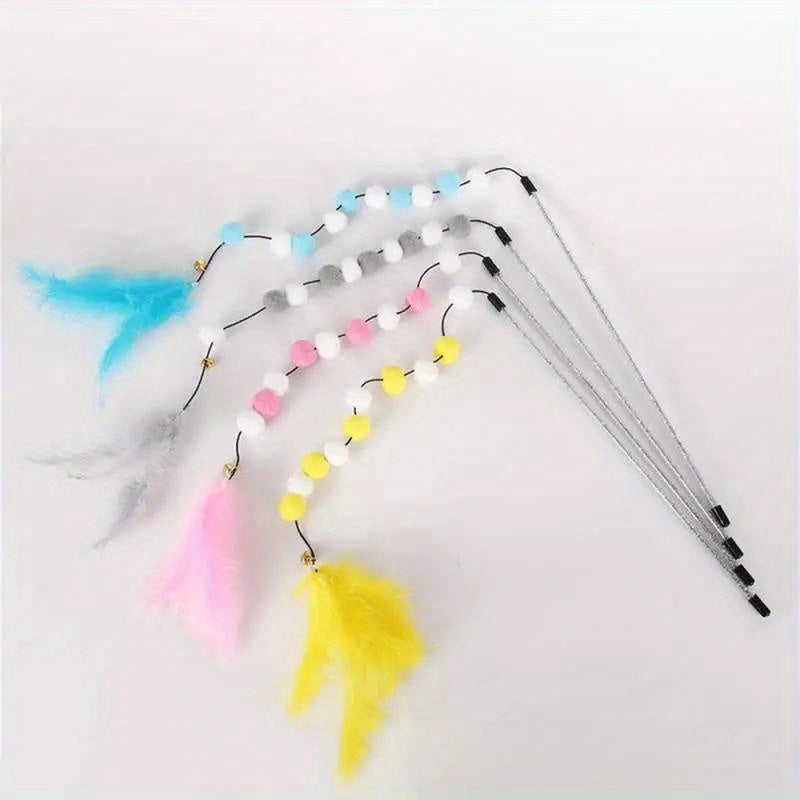 Furry Frenzy Pompom Cat Toy - Interactive Feather Teaser, Durable Plush Ball, Kitten Exercise Companion, Teasing Stick, Fun Pet Supplies for Active Cats and Kittens