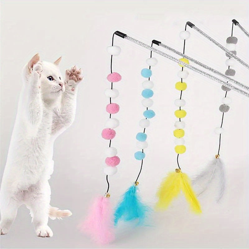 Furry Frenzy Pompom Cat Toy - Interactive Feather Teaser, Durable Plush Ball, Kitten Exercise Companion, Teasing Stick, Fun Pet Supplies for Active Cats and Kittens