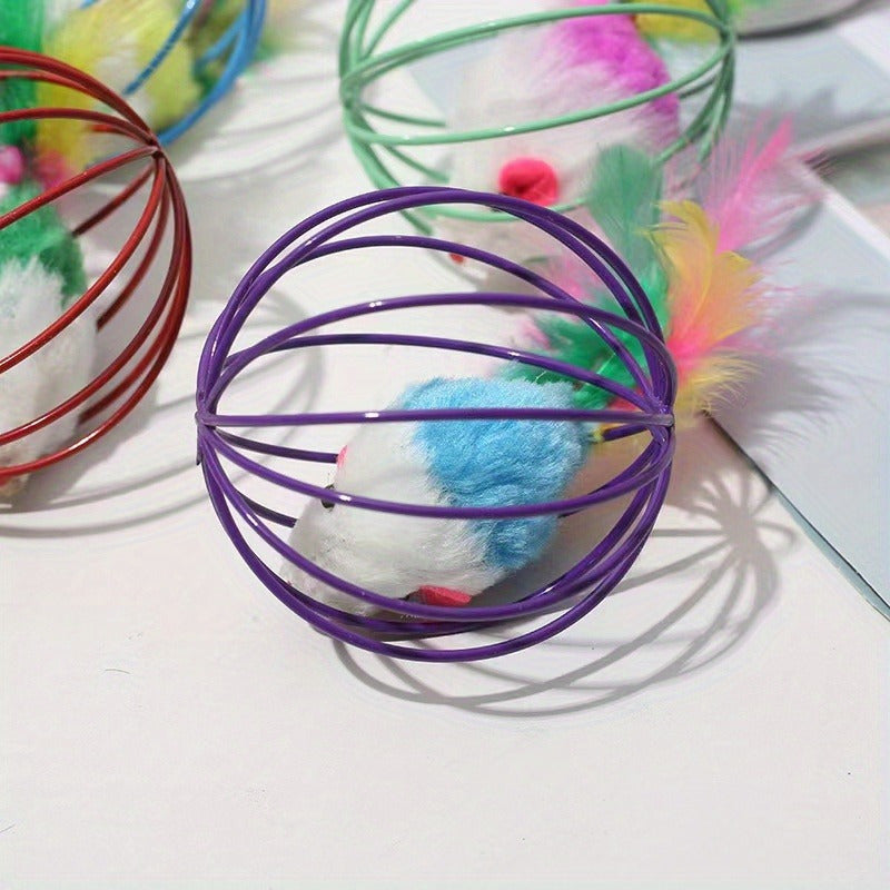 1pc/ 3pcs Interactive Cat Toy: Random Color Feather Cage Mouse - Colorful Teaser for Your Feline Friend!