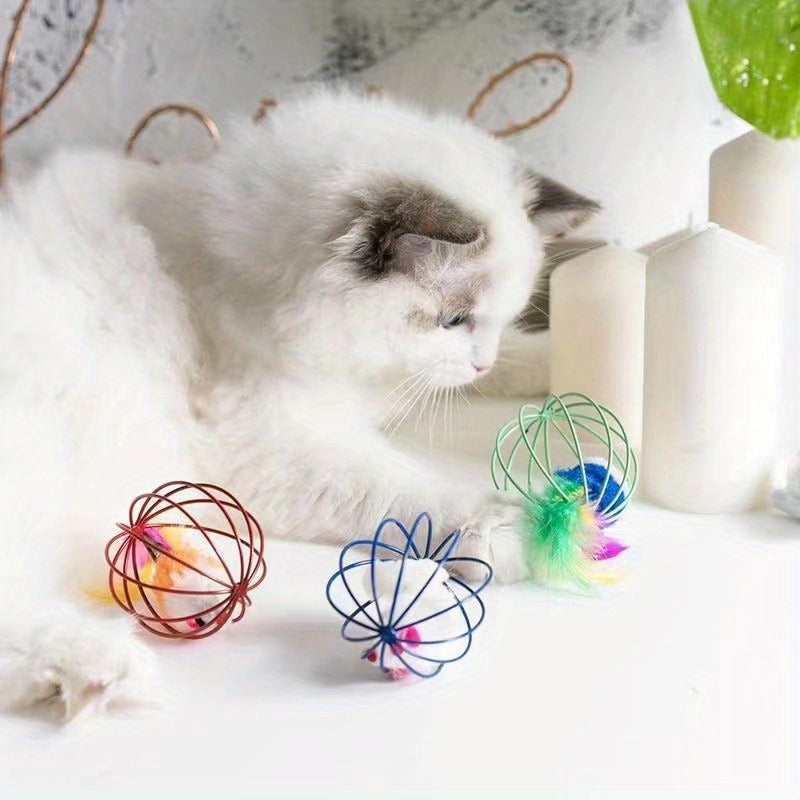 1pc/ 3pcs Interactive Cat Toy: Random Color Feather Cage Mouse - Colorful Teaser for Your Feline Friend!