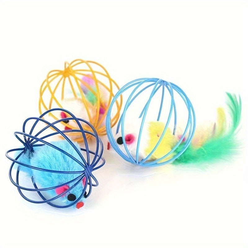 1pc/ 3pcs Interactive Cat Toy: Random Color Feather Cage Mouse - Colorful Teaser for Your Feline Friend!