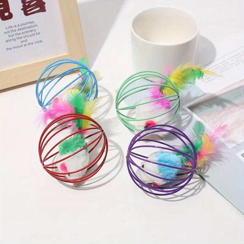 1pc/ 3pcs Interactive Cat Toy: Random Color Feather Cage Mouse - Colorful Teaser for Your Feline Friend!