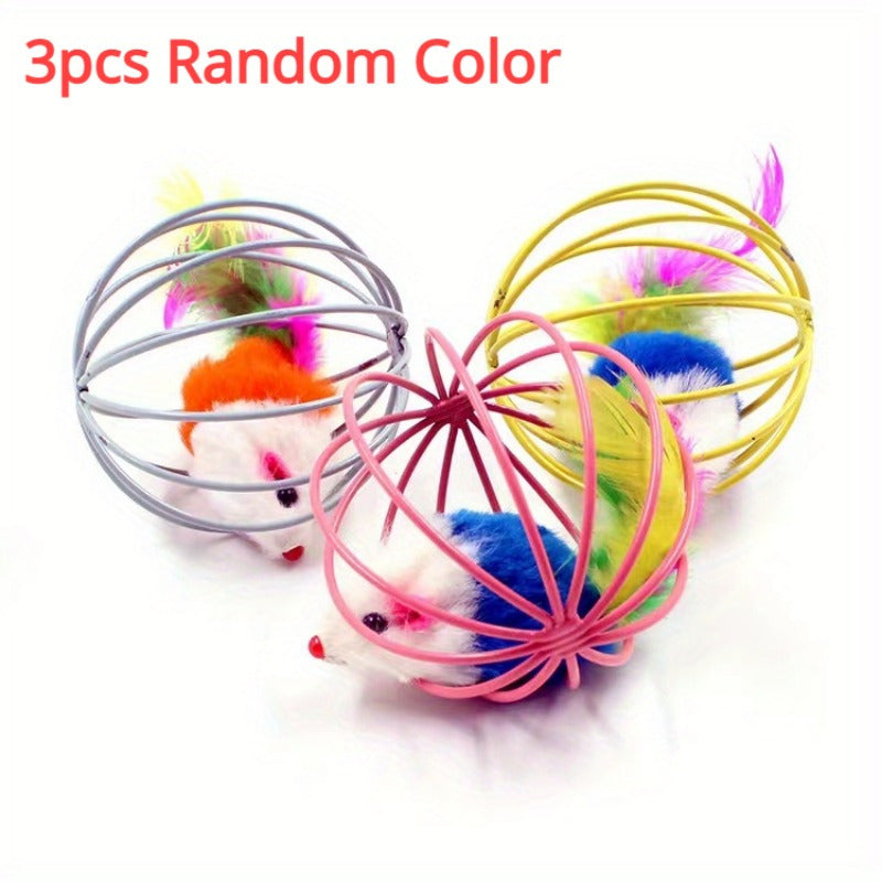 1pc/ 3pcs Interactive Cat Toy: Random Color Feather Cage Mouse - Colorful Teaser for Your Feline Friend!