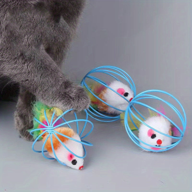 1pc/ 3pcs Interactive Cat Toy: Random Color Feather Cage Mouse - Colorful Teaser for Your Feline Friend!