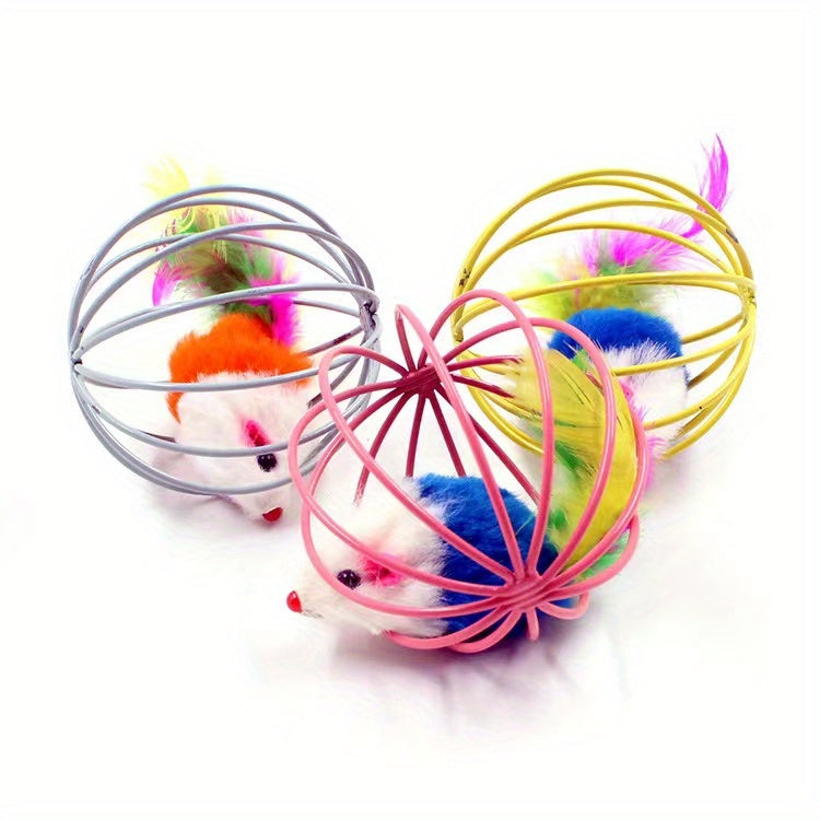 1pc/ 3pcs Interactive Cat Toy: Random Color Feather Cage Mouse - Colorful Teaser for Your Feline Friend!