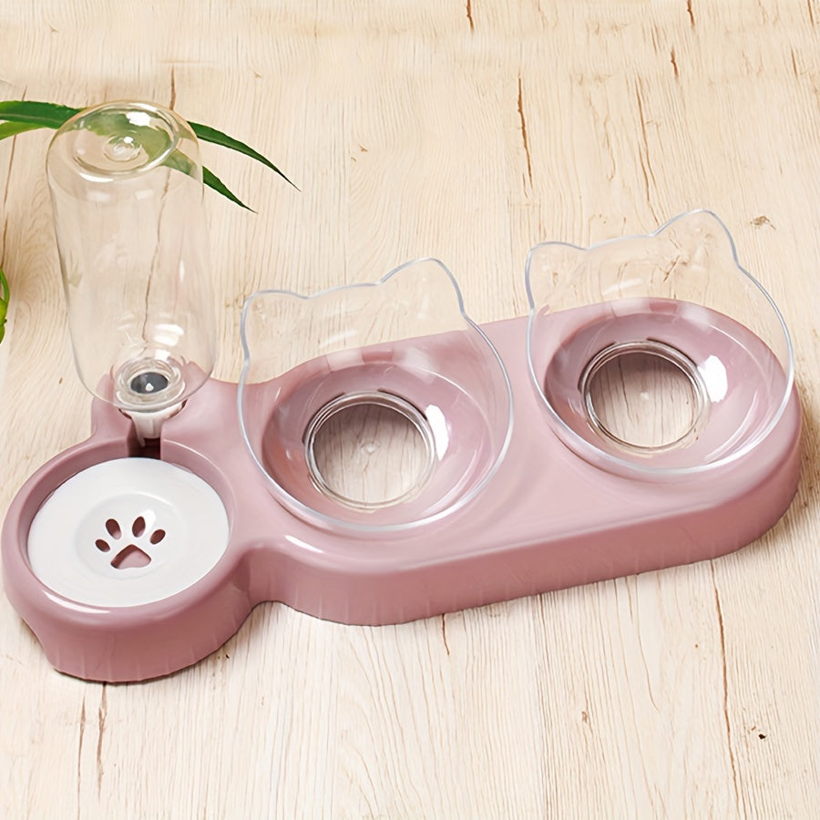 Elevated Cat Bowls With Water Dispenser, Double Pet Inclined Food And Water Bowl With Gravity Water Bottle