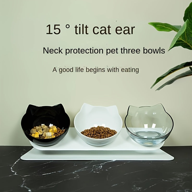 3-in-1 Elevated Cat Feeding Station - Raised 15-Degree Tilted Neck Guard, Anti-Slip Stand, Easy Cleaning, Space-Saving Design for Comfortable Eating - Perfect for Kittens and Adult Cats