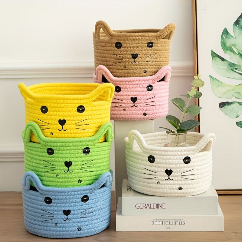 Cat Face Woven Cotton Fabric Storage Basket, Office, Dormitory, Bedroom, Living Room, Office Desktop Sundries Sorter Storage Basket