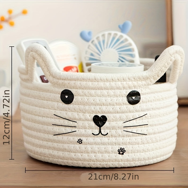 Cat Face Woven Cotton Fabric Storage Basket, Office, Dormitory, Bedroom, Living Room, Office Desktop Sundries Sorter Storage Basket