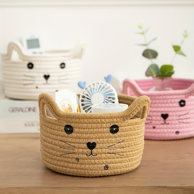 Cat Face Woven Cotton Fabric Storage Basket, Office, Dormitory, Bedroom, Living Room, Office Desktop Sundries Sorter Storage Basket