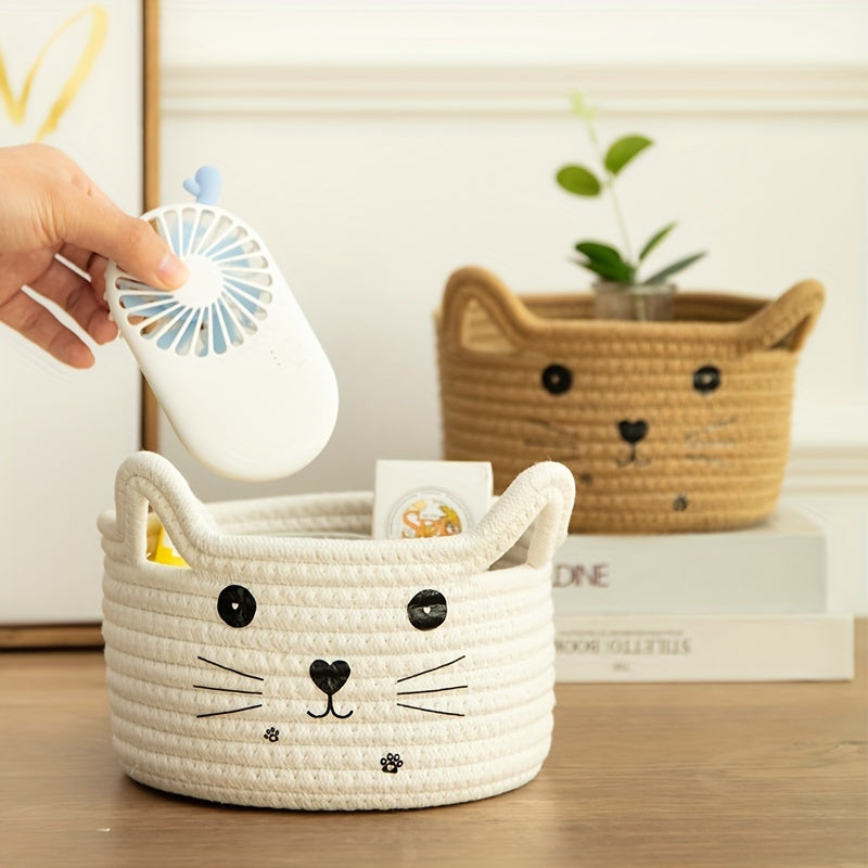Cat Face Woven Cotton Fabric Storage Basket, Office, Dormitory, Bedroom, Living Room, Office Desktop Sundries Sorter Storage Basket