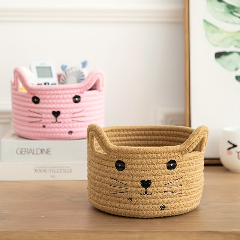 Cat Face Woven Cotton Fabric Storage Basket, Office, Dormitory, Bedroom, Living Room, Office Desktop Sundries Sorter Storage Basket