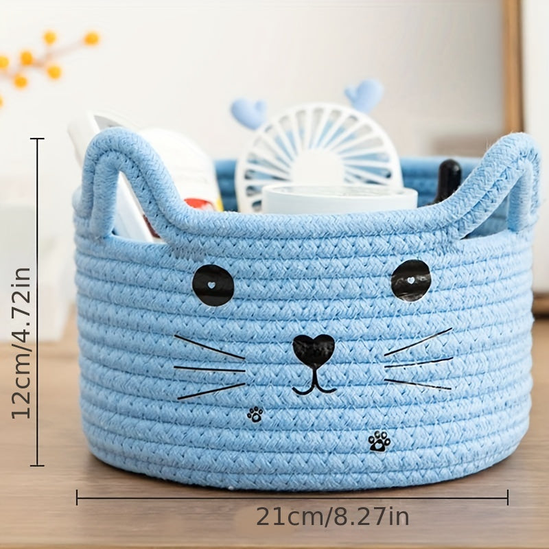 Cat Face Woven Cotton Fabric Storage Basket, Office, Dormitory, Bedroom, Living Room, Office Desktop Sundries Sorter Storage Basket