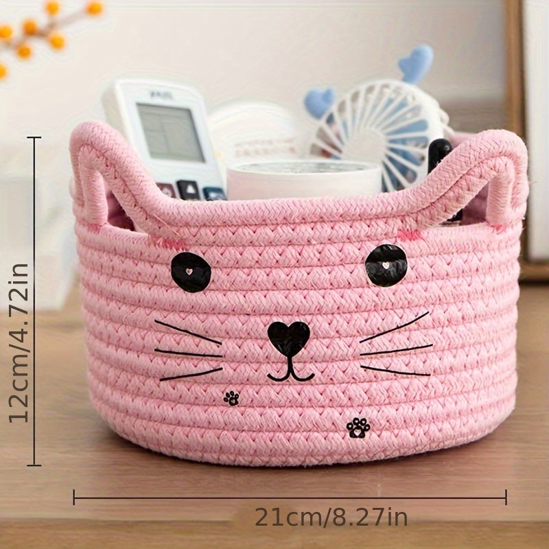 Cat Face Woven Cotton Fabric Storage Basket, Office, Dormitory, Bedroom, Living Room, Office Desktop Sundries Sorter Storage Basket
