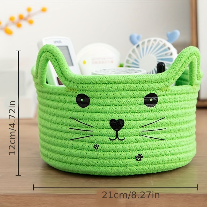 Cat Face Woven Cotton Fabric Storage Basket, Office, Dormitory, Bedroom, Living Room, Office Desktop Sundries Sorter Storage Basket
