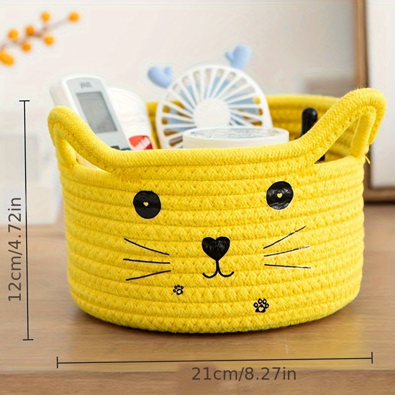 Cat Face Woven Cotton Fabric Storage Basket, Office, Dormitory, Bedroom, Living Room, Office Desktop Sundries Sorter Storage Basket