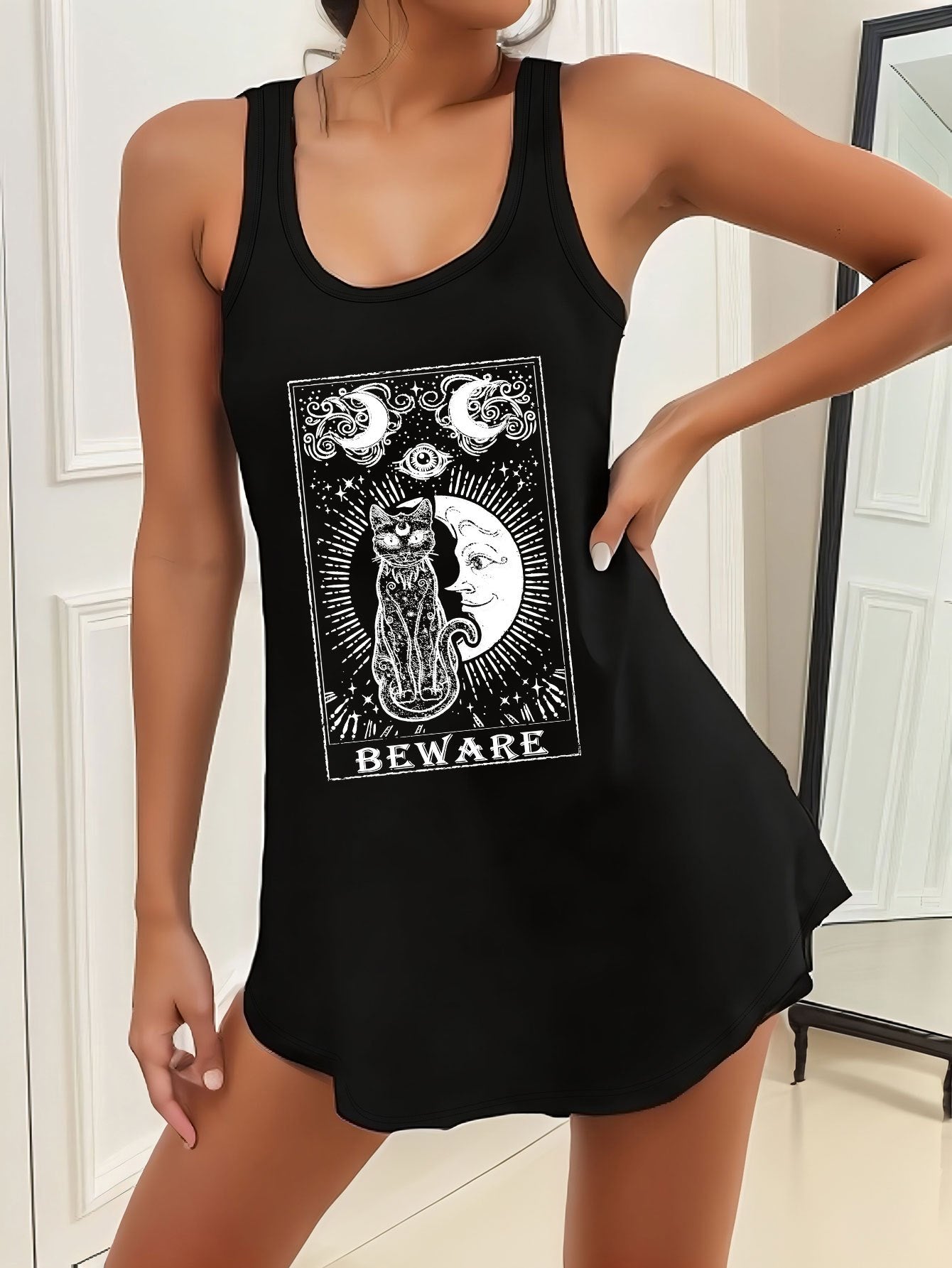 Cat & Moon & Letter Print Lounge Dresses, Cozy Crew Neck Sleeveless Home Dress, Women's Loungewear & Dresses